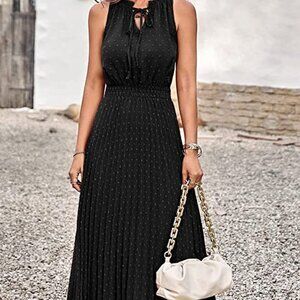 Midi Summer Dresses Casual V Neck Swiss Dot Ruffle Sleeveless A Line Beach Sun